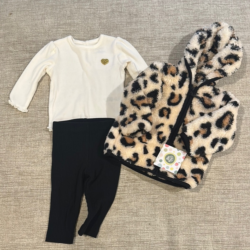 Leopard Print Hooded Vest with White Top and Black Leggings
